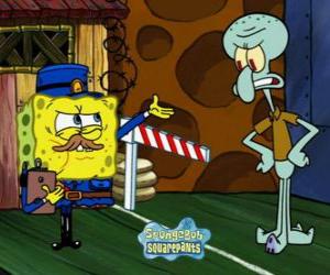 yapboz SpongeBob bir polis Squidward Tentacles için bir geçiş sorar gibi giyinmiş
